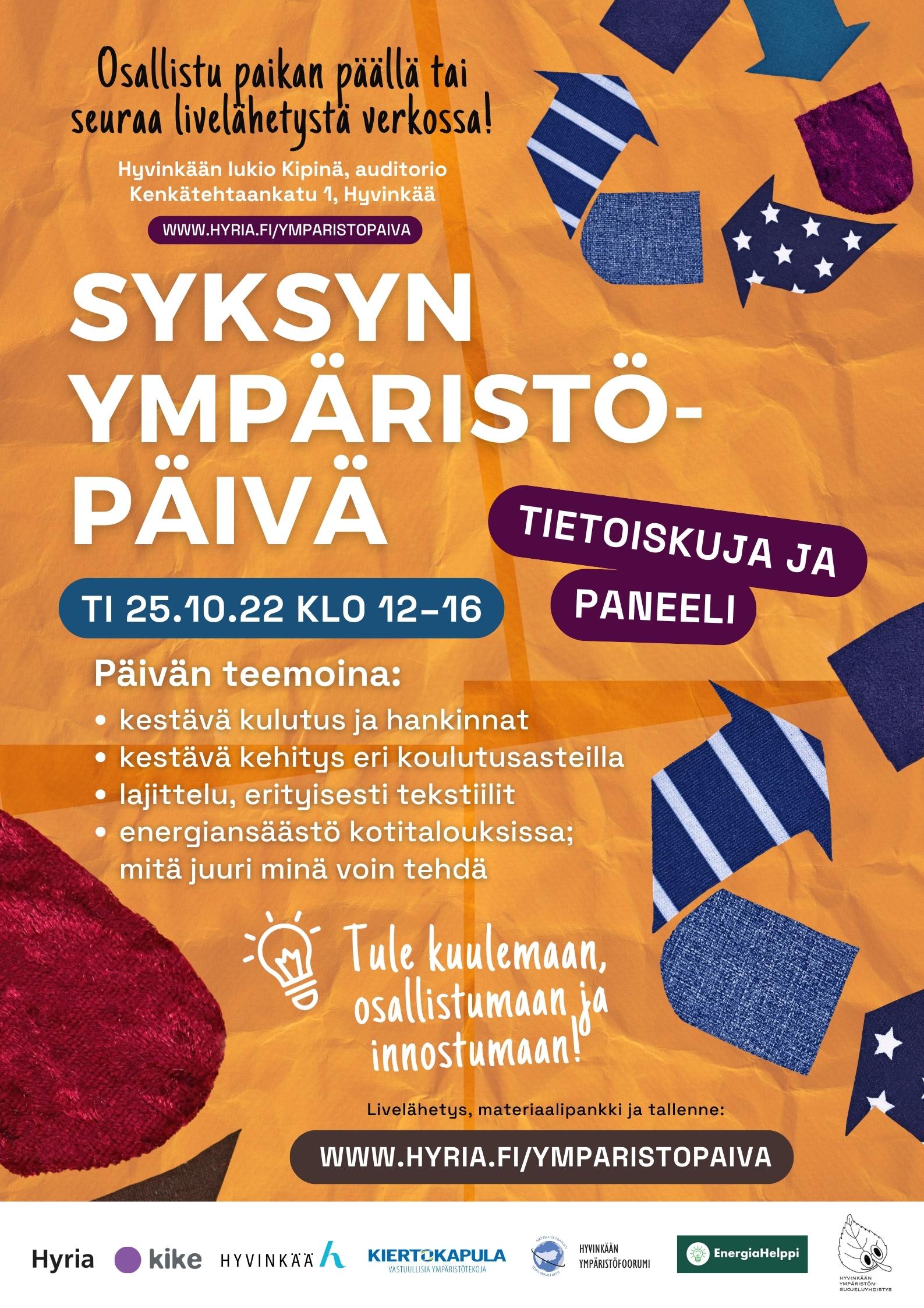 Syksyn ympäristöpäivä järjestetään 25.10. klo 12-16 Kipinä-talossa Hyvinkäällä.